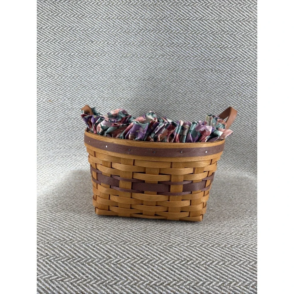 Longaberger Basket Petunia 1997 Flower Fabric Two Leather Handles Plastic Insert